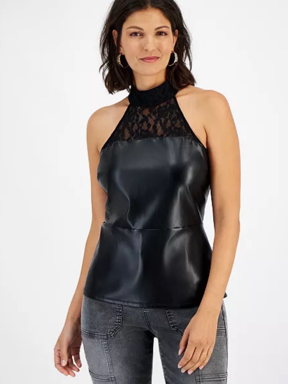 INC International Concepts Black Faux Leather Halter Top with Lace Yoke